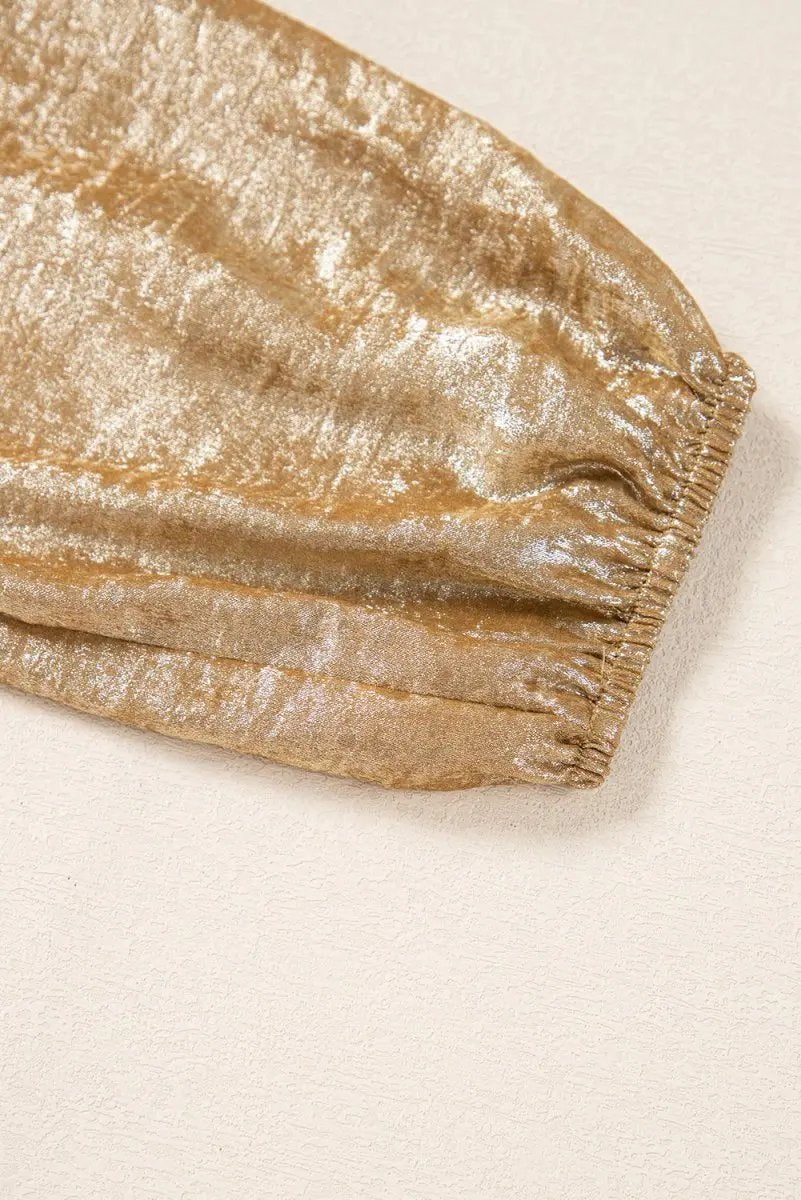 Gold Bow Tie Front Puff 3/4 Sleeve Ruffle Hem Blouse - Love Salve